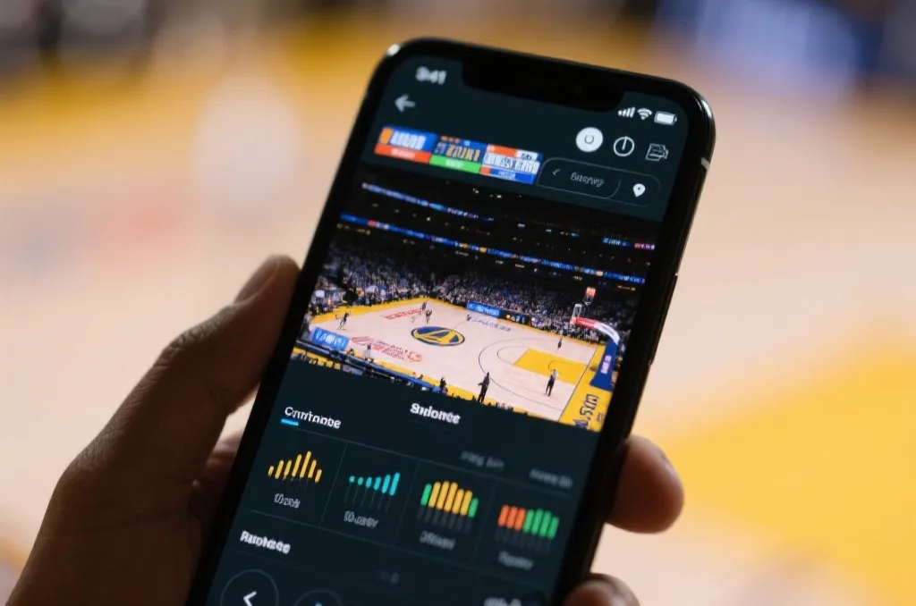 Close-up of a mobile screen showing a live basketball game broadcast with dynamic real-time game analytics