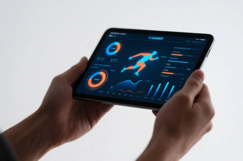 Hands holding tablet showing abstract sports statistics and charts