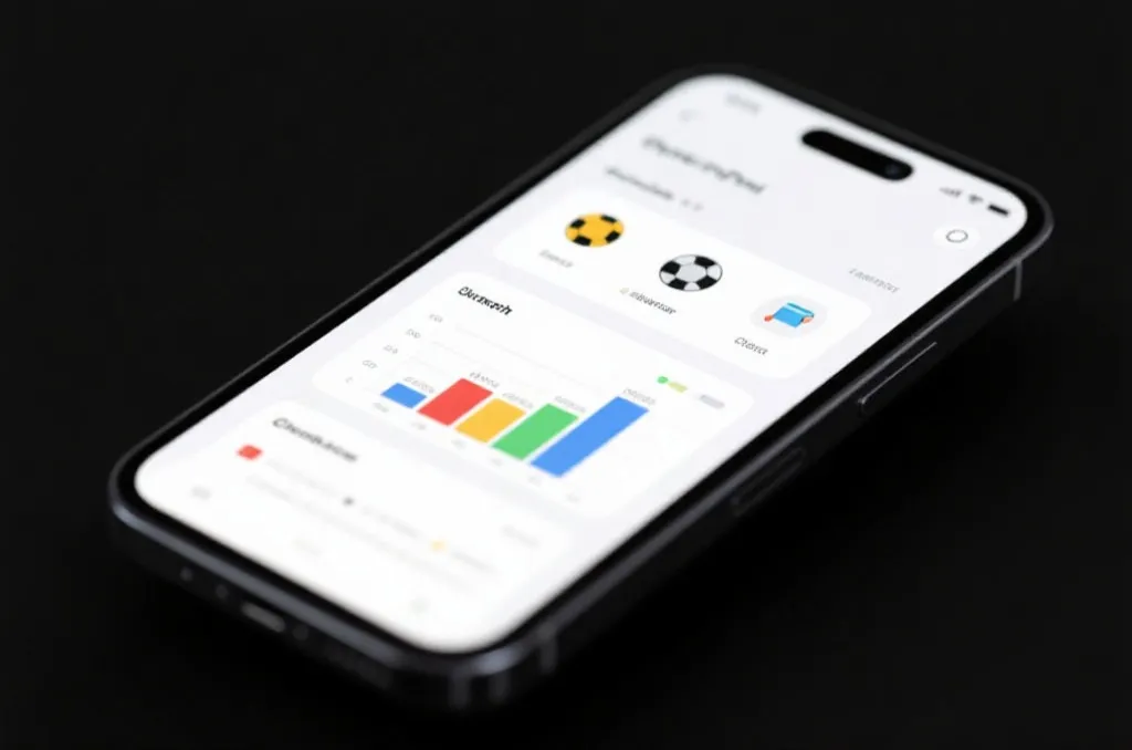Close-up of a sleek smartphone screen showing a clean, modern user interface with colorful sports charts and icons, minimalist tech aesthetic.