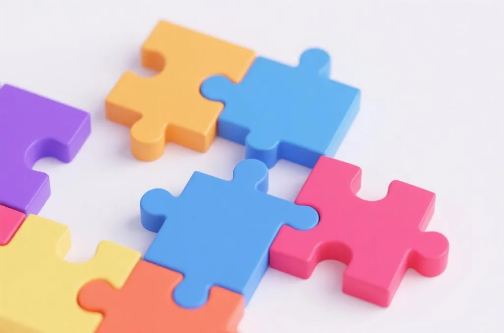 Vivid 3D puzzle pieces connecting seamlessly, symbolizing strategy and combination