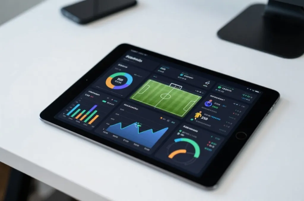 A clean and modern sports analytics dashboard displayed on a tablet screen, showing generic soccer match statistics and charts